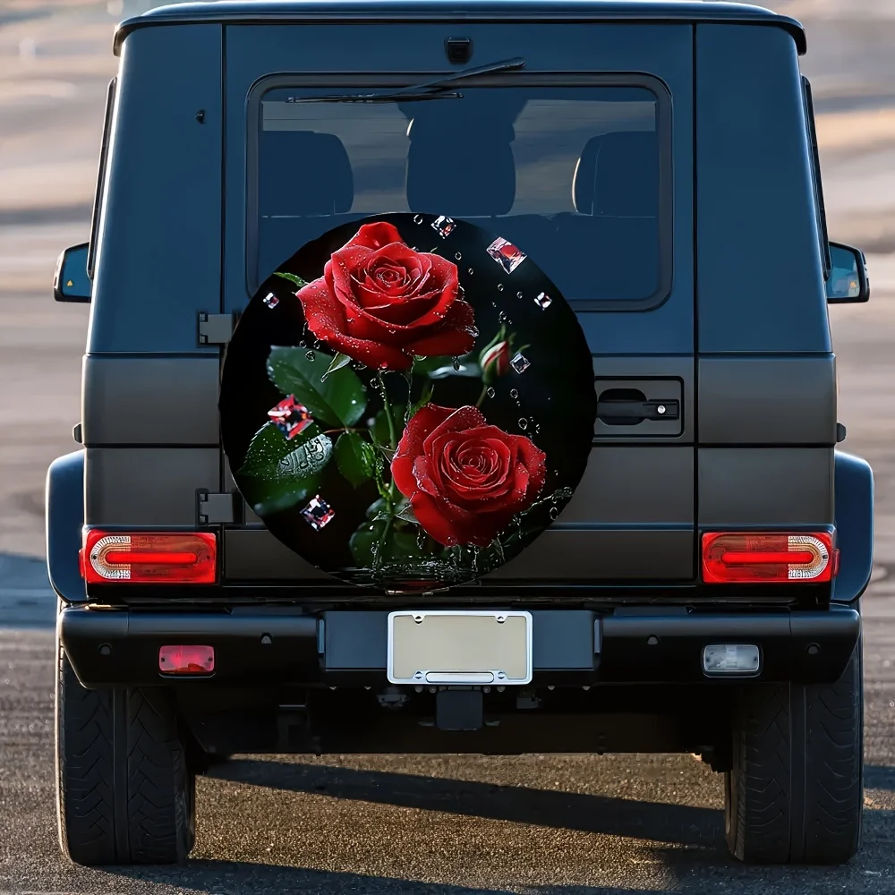 Red Rose Diamond Spare Tire Cover Waterproof Polyester Off-Road Vehicle Protector Accessory