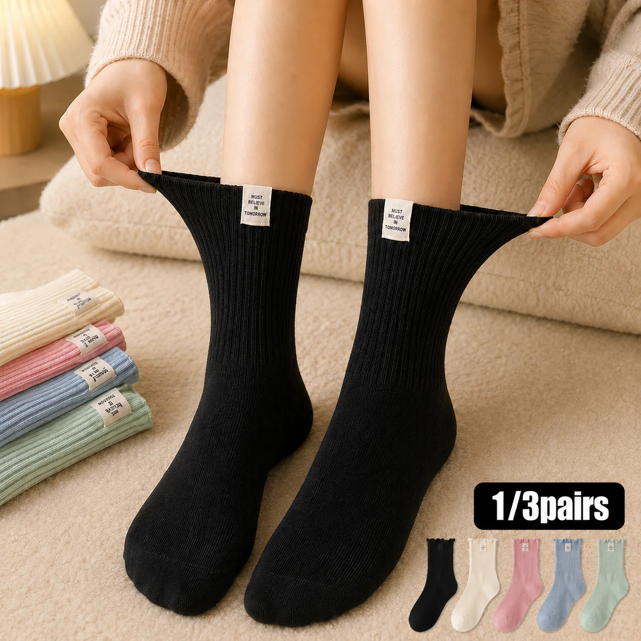 1/3 Pairs Women's Cotton Crew Socks Soft Ribbed Stretchy Solid Color Casual Mid-Calf Sock Label Korean Style Casual Sox Easy