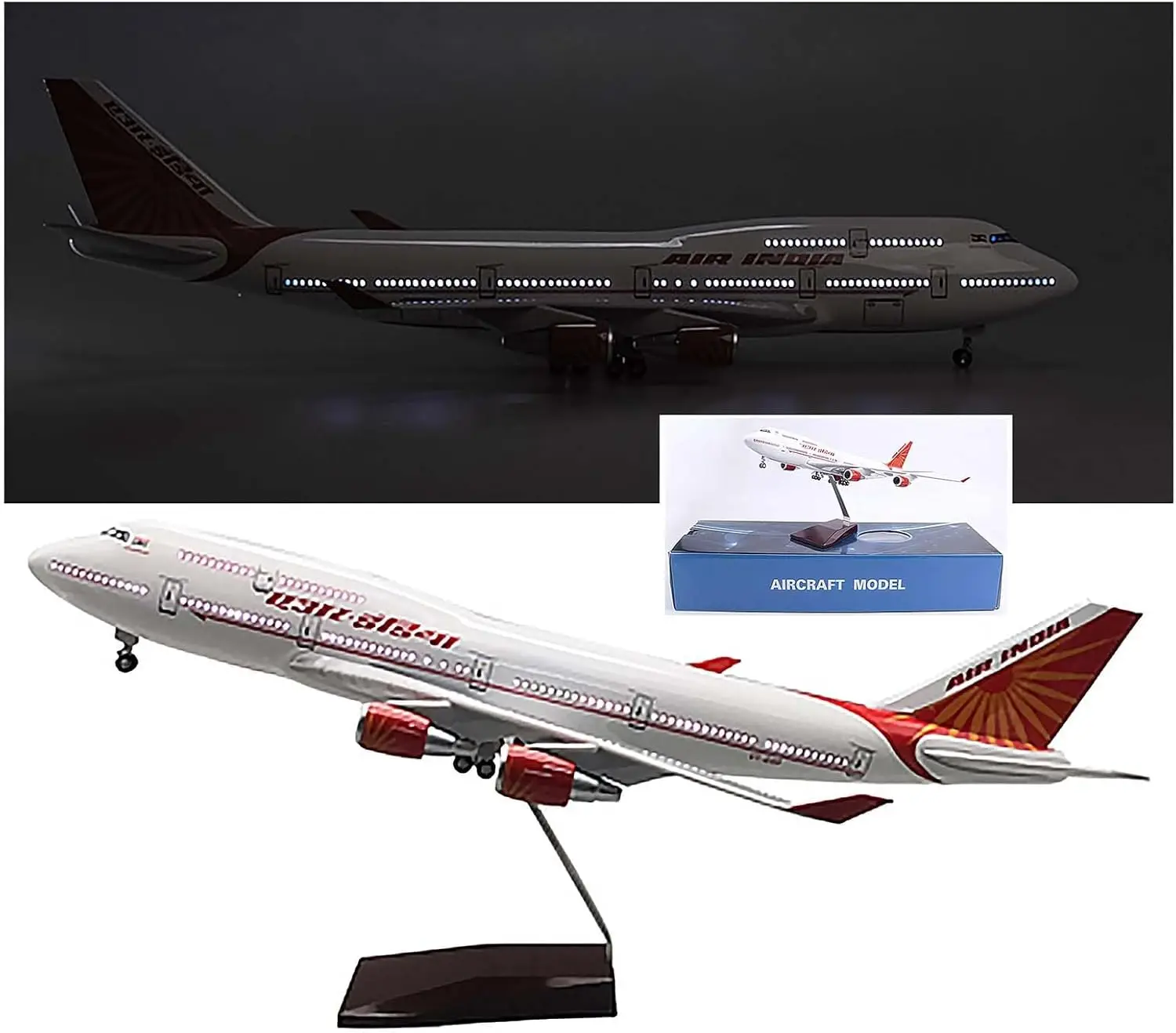 

1/150 18.5-inch Air India B747-400 Aircraft Model with Wheel Lights Airplane Assembled Gift Collection Commemorative Ornaments