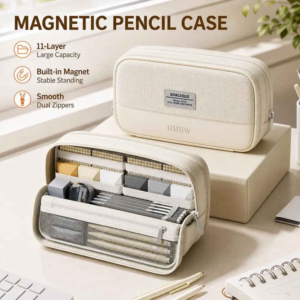 Kawaii Large Capacity Magnetic Standing Multi Layer Pencil Case Students Pencil Bag School Stationery Supply Makeup Storage Bag