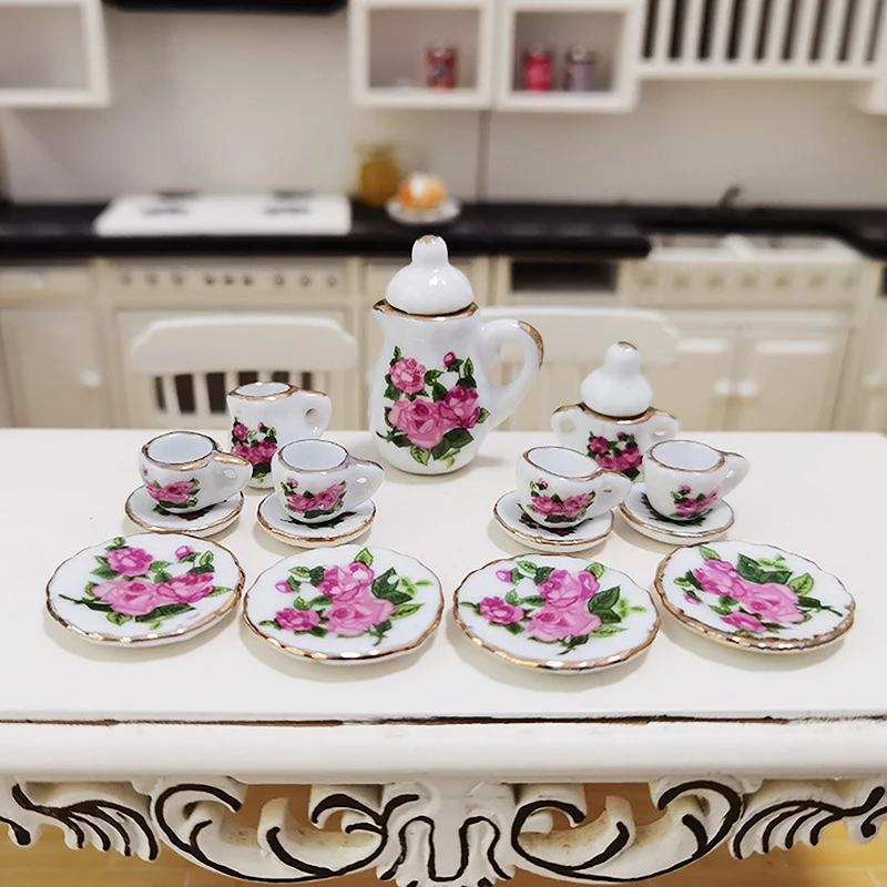 1Set 1:12 Dollhouse Miniature Porcelain Ceramic Tea Cup Set Tableware Kitchen Dollhouse Teapot DIY Toys