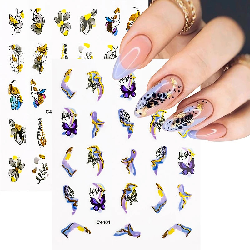 

Cartoon Nails Sticker Blooming Ink Painting 3d Adhesive Decal Abstract Line Heart Sliders For Nails