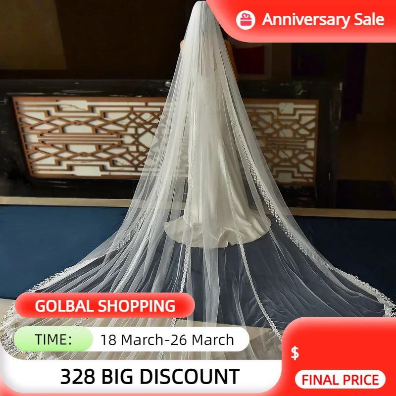 

Длинная свадебная фата MZA18 с кружевом, роскошная свадебная фата с искусственными краями, 1 яруса, свадебные аксессуары для невесты