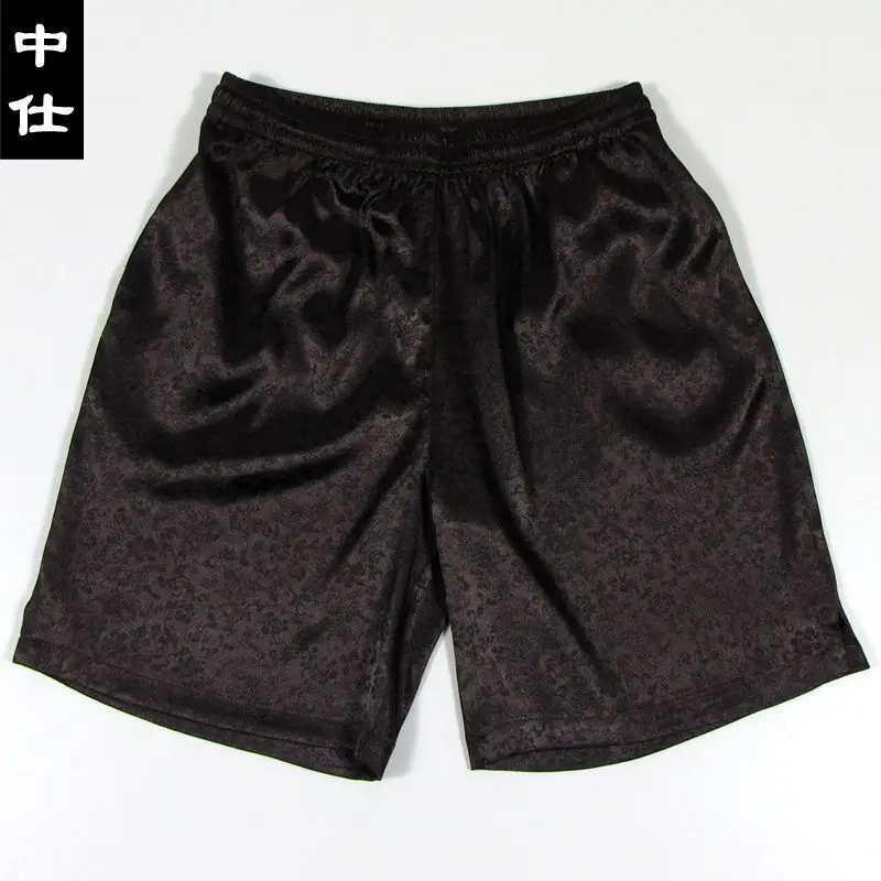 Chinese Floral Print Satin Men's Running Shorts Outdoor Fitness Plus Size Sports Casual Bottoms