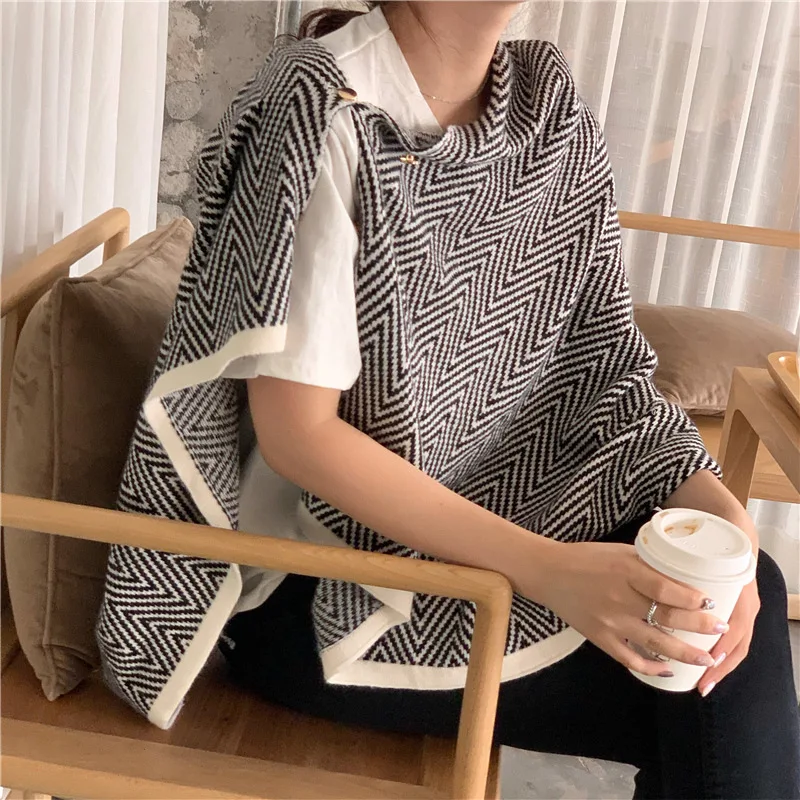 

Korean Imitation Cashmere Button Striped Shawl Scarf Dual Purpose Elegant Thick Warm Knitting Shawls Woman Luxury Designer Scarf