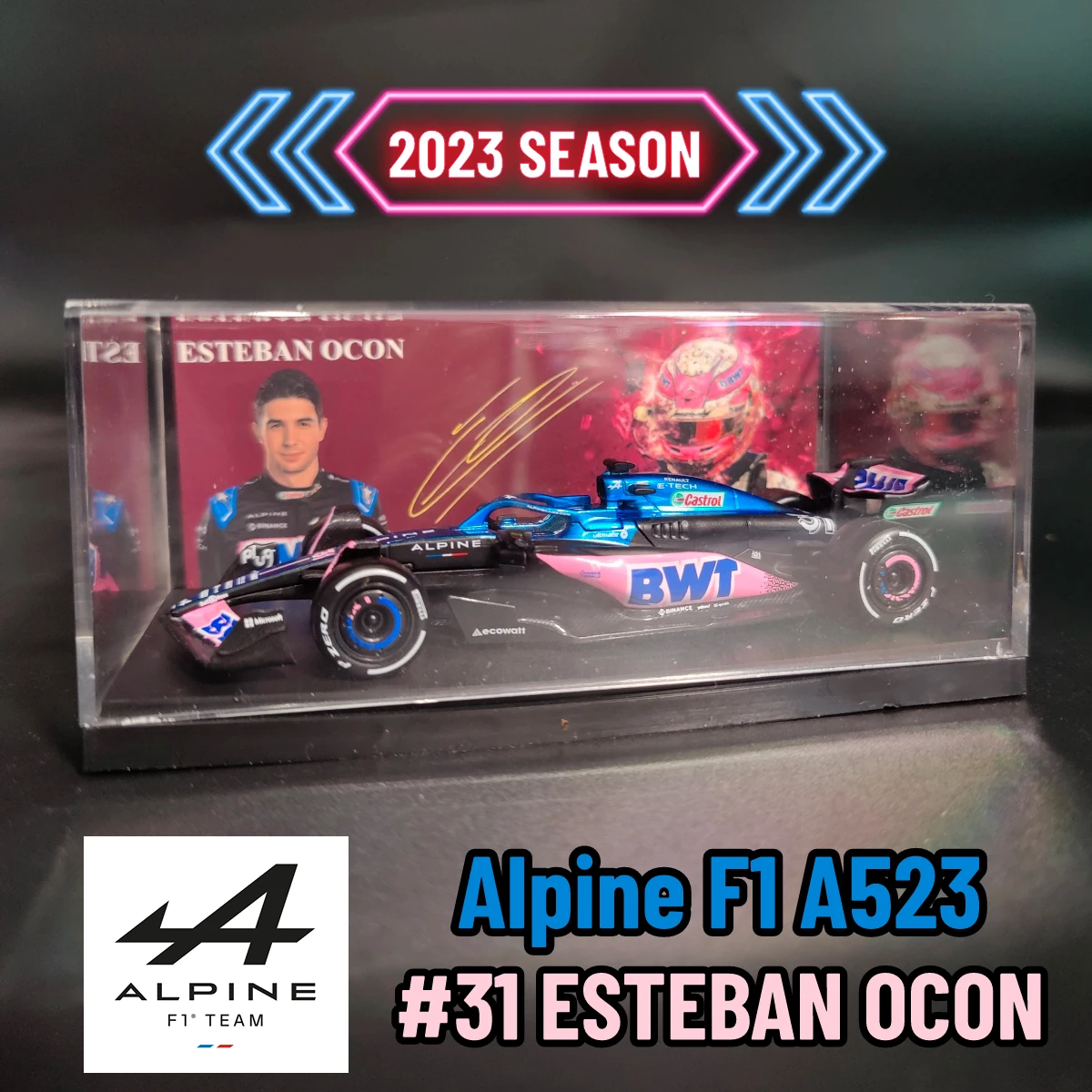 Bburago 1:43 F1 2023 Alpine A523 Car Model with Ocon Gasly  Signature Showcase Formula 1 Toy Miniature Replica Xmas Gift