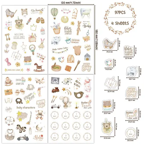 4 hojas/paquete de pegatinas de álbum de recortes para bebés de Alemania, suministros de álbum de recortes para bebés de dibujos animados, pegatinas para álbum de bebés, diario, botella de agua