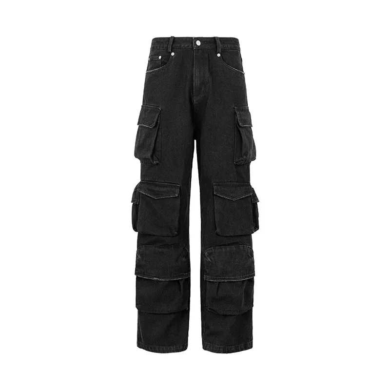 Europäische und amerikanische Herren trend ige Marke schwarze Arbeits hose modisch und locker mit mehreren Taschen gerade lässige lange Hosen