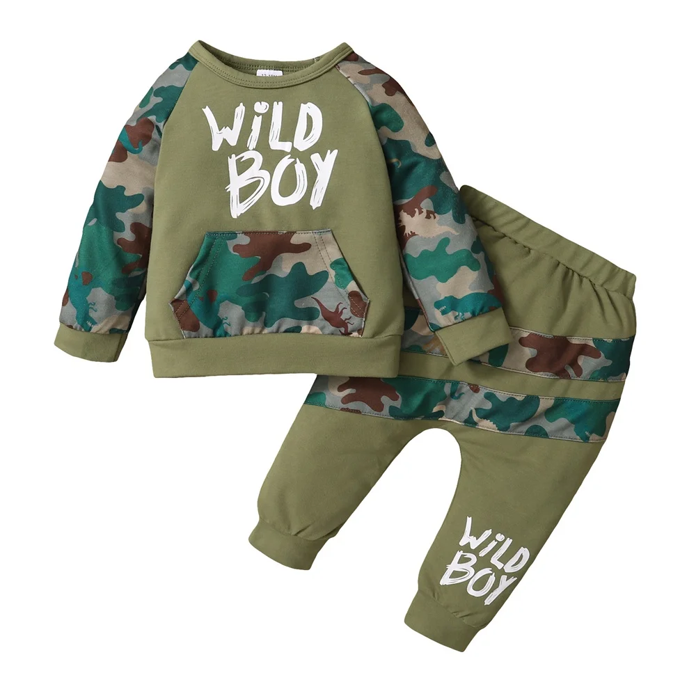 2PCS Children Kids Boy Clothes Suit Letter Print Pocket Panel Camouflage Long Sleeve+Pants Sport Outfits Set  Kids Boy 1-4 Years