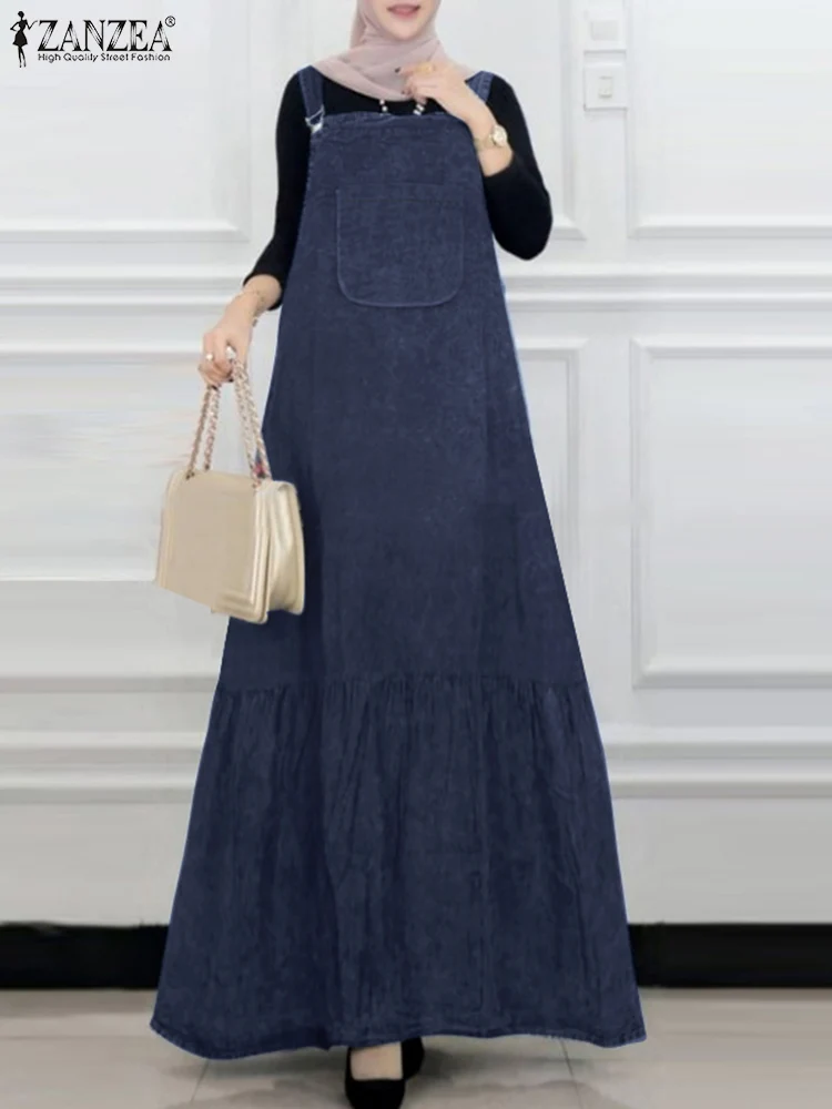 

Autumn Denim Blue Sundress ZANZEA Summer Women Sleeveless Overalls Dress Robe Turkey Vestidos Kaftan Muslim Abaya Dress