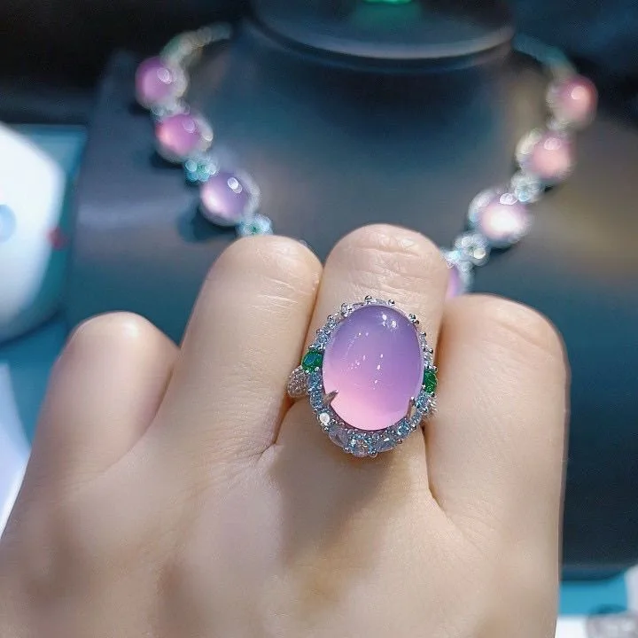 Natural Ice Chalcedony Ring Jade Inlay Jade Imperial Green Adjustable Color Agate Ring