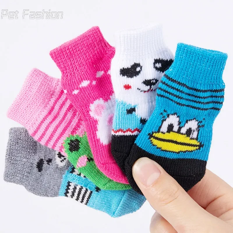 4Pcs Cute Pet Dog Socks with Print Anti-Slip Cats Puppy Shoes Paw Protector Products for Small Breeds Spitz York Dogs Chihuahua