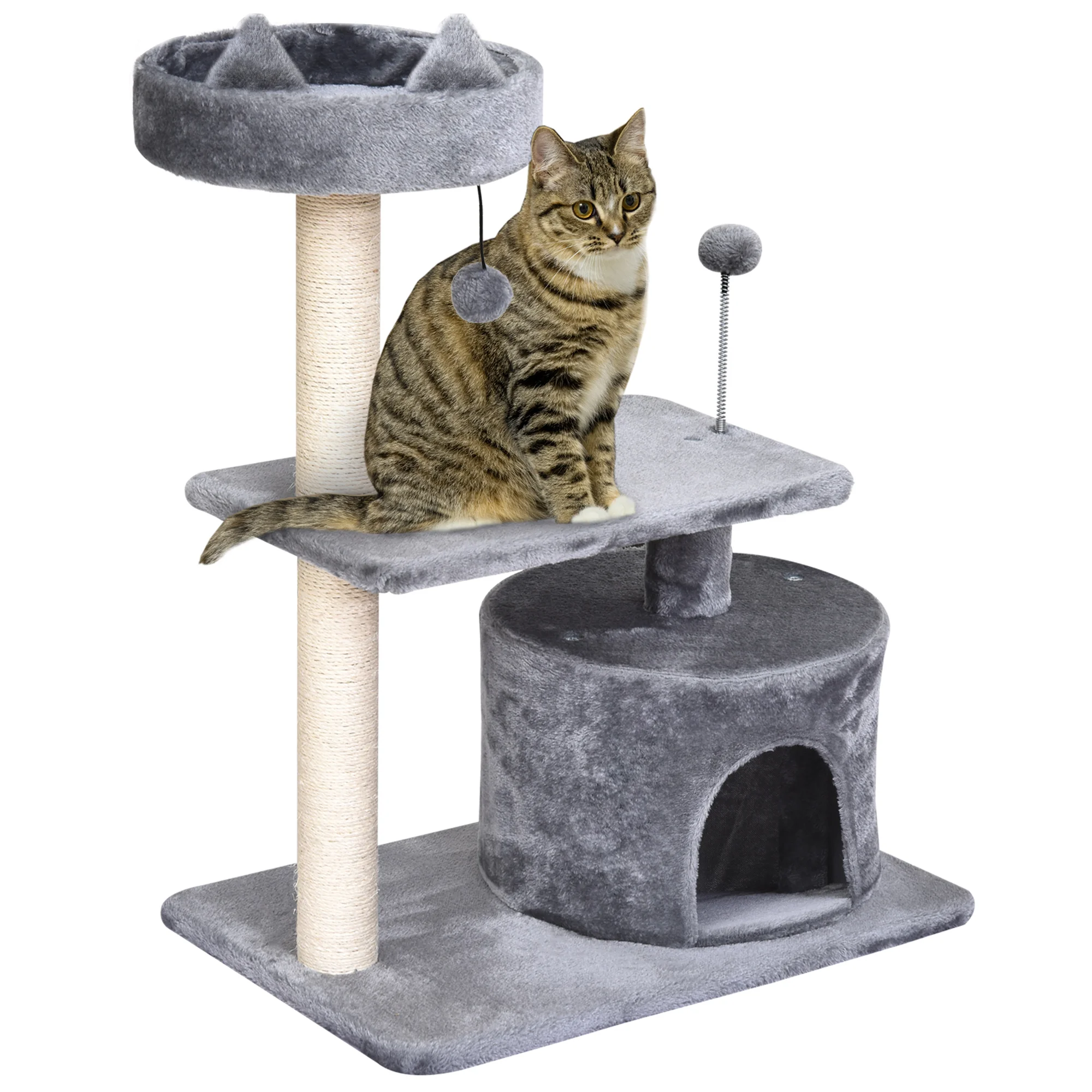 PawHut tree cat scraper 81 cm tower for medium cats with bed platform shelter Sisal pole and toy balls 60x40x81 cm Gray