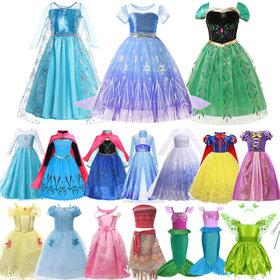 

Princess Dress Frozen Girls Anna Elsa Cosplay Costume Rapunzel Belle Cinderella Mermaid Aurora Disguise Kids Halloween Clothes