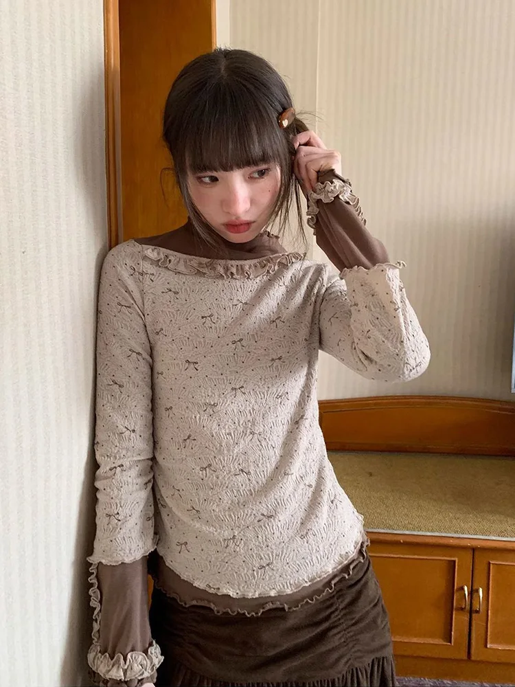 Autumn Y2K Streetwear T Shirt Women Long Sleeve Slim Fit Ruffles Tees Retro Fake Two Piece Patchwork Harajuku Fall Female Tops