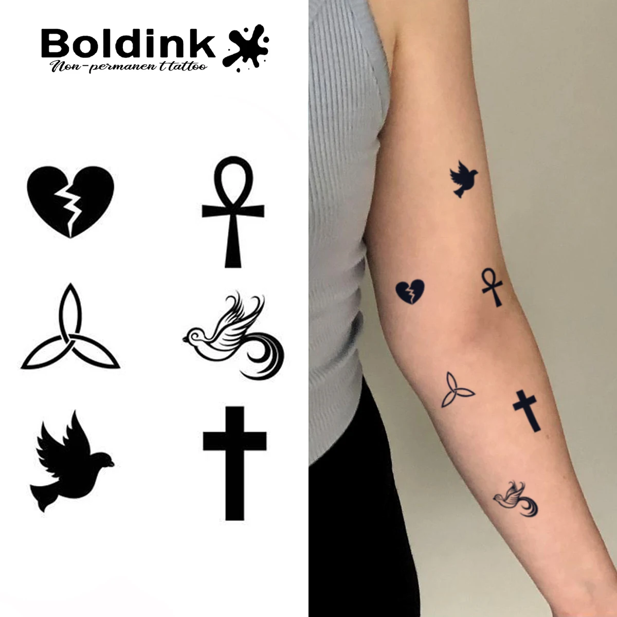 

Набор минималистичных патчей для татуировок Boldink - 6 томонов с символом (пожатое сердце/Анка/Клевер/Птицы/Крест) | Прочный водонепроницаемый 1-2 недели