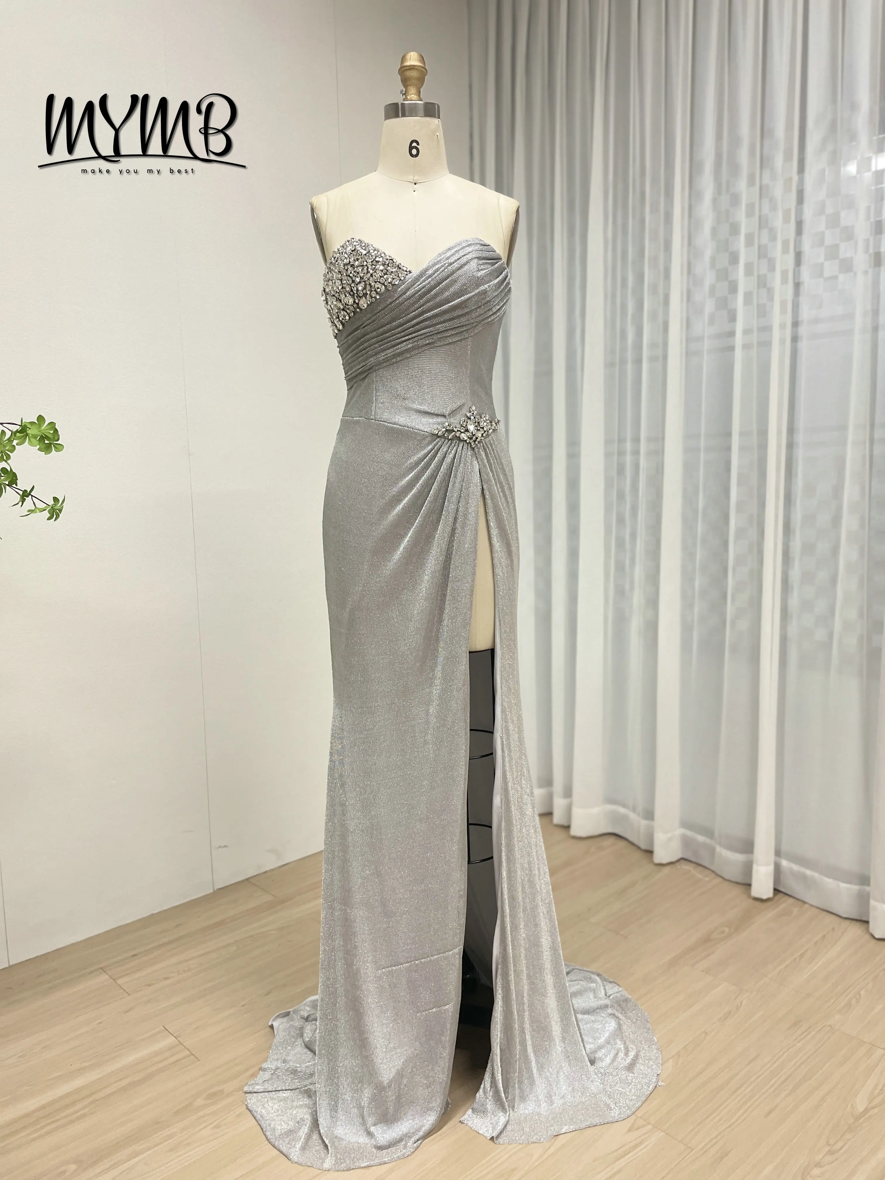 

MYMB Sexy High Slit Strapless Mermaid Evening Dress Embellished Beautiful Dazzling Beaded Crystal for Homecoming Party MB40402B