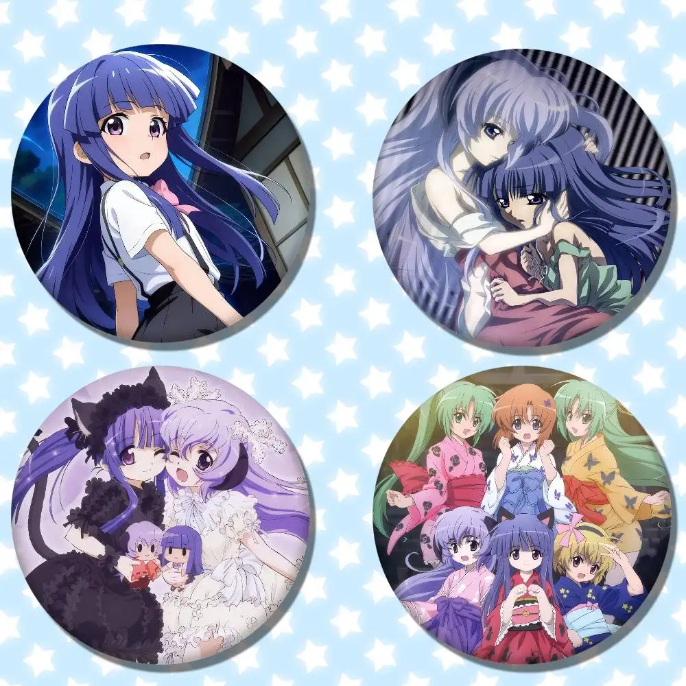 Insignias clásicas Kawaii de Anime Higurashi When They Cry CUTE, insignia láser redonda de Anime, broche de dibujos animados, accesorios para ropa y mochila