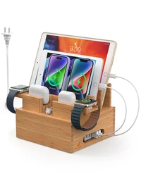 Bamboo Charging Station Organizer for Multiple Devices Desktop Docking Station Compatible with Phone Tablet Earbuds