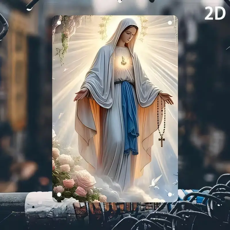 2D Virgin Mary Religious Metal Wall Art - White - Blue Madonna with Rosary, Roses & Divine Light, Iron Decor for Home, Church &