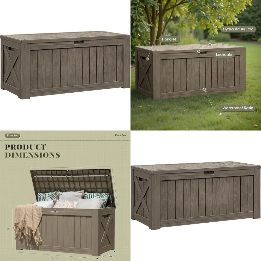 

Большой уличный/комнатный ящик для хранения, 120 галлонов, водонепроницаемый, из полимерной смолы, с имитацией дерева, идеально подходит для садового инвентаря и бассейна.