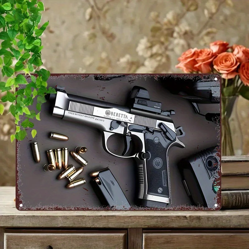 Arte de pared de metal de pistola vintage - Letrero de hojalata retro de 8 x 12 pulgadas con acabado rústico para decoración de hogar, garaje o oficina - Regalo único Idea
