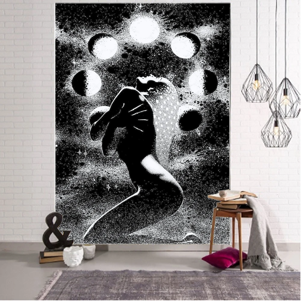 

Sun face, moon planet, black and white geometric background decoration tapestry, bohemian hippie wall decoration tapestry