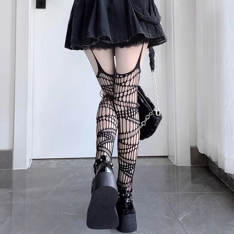 Newjapan Harajuku Stoking Jaring-jaring Berongga Mode Wanita Berongga Hitam Gotik Seluruh Tubuh Stoking Pantyhose Jaring