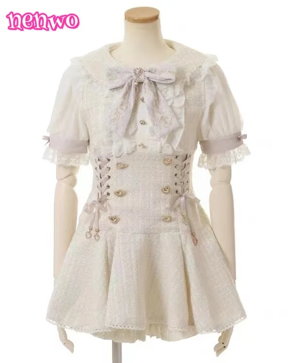 Robe et Short de Style gothique japonais avec nœud en strass pour femmes, ensemble chemise à carreaux en dentelle bouffante à manches courtes, tenues Lolita Y2k