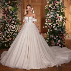 Lceland Poppy Ball Gown Lace Wedding Dresses Off the Shoulder Glitter Tulle Floor Length Bridal Gowns with Chapel Train