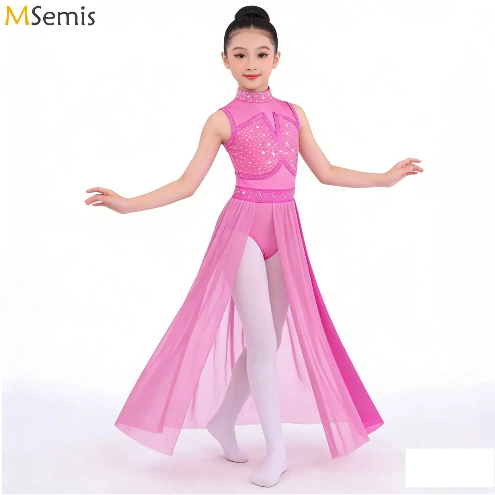 キッズガールズラインストーン体操バレエジャージーリリカルコンテンポラリーダンススプリットマキシドレススパークルダンスパフォーマンスコスチューム