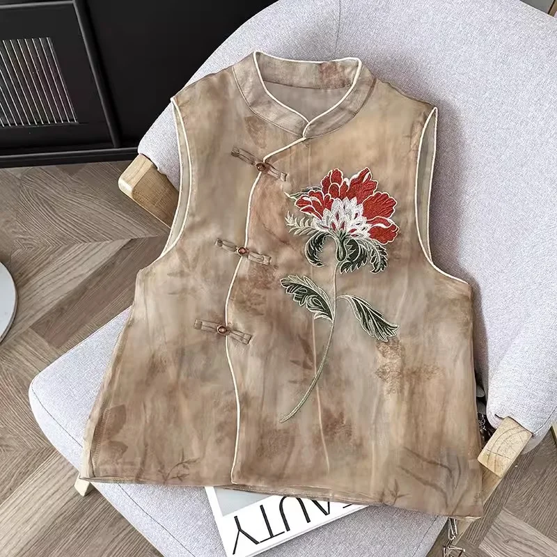 

New Women's Summer Vest Chinese Style Retro Embroidered Shirt Top Sleeveless Thin Jacket Short Waistcoat K1392