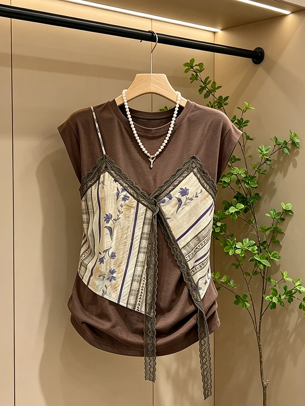 

plus Size round Neck Splice Lace T-Shirt Women Loose Versatile Slimming Top Fashionable Summer New Style Korean Commute Style
