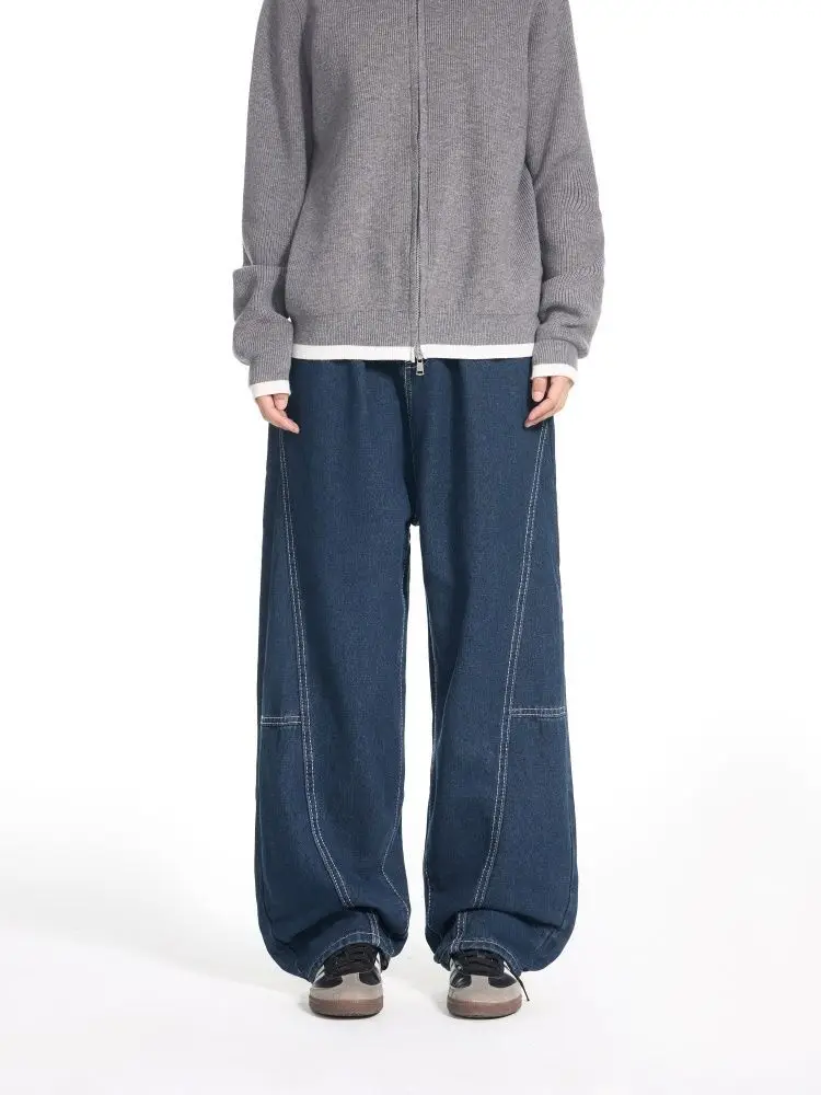 Men's Bright Line Decoration Blue Jeans Casual Pants Summer Street Y2k Young Boys Sweatpants Male High Waist Wide Leg Trousers