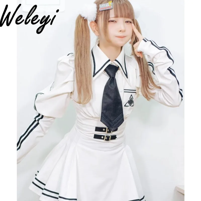 Women's College Style Uniform Short Skirt Suit Autumn Fashion Harajuku Mine Tie Bow Tie Shirt Strap Strap Skirts Two Piece Sets