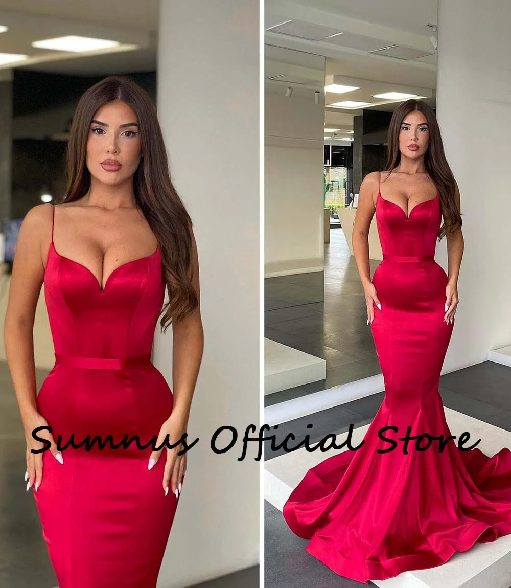 Sumnus-Vestido largo de satén con tirantes finos para fiesta, traje Sexy de sirena, con cordones, color liso, para celebraciones, vestidos de noche para graduación