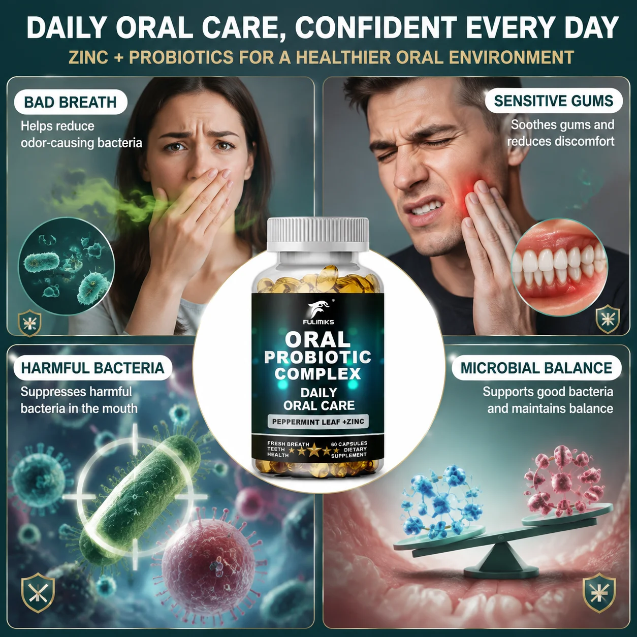 Oral Dental Probiotic Capsules, Support Oral Microflora Balance, Improve Breath Condition, Maintain Teeth & Gums Health Immune