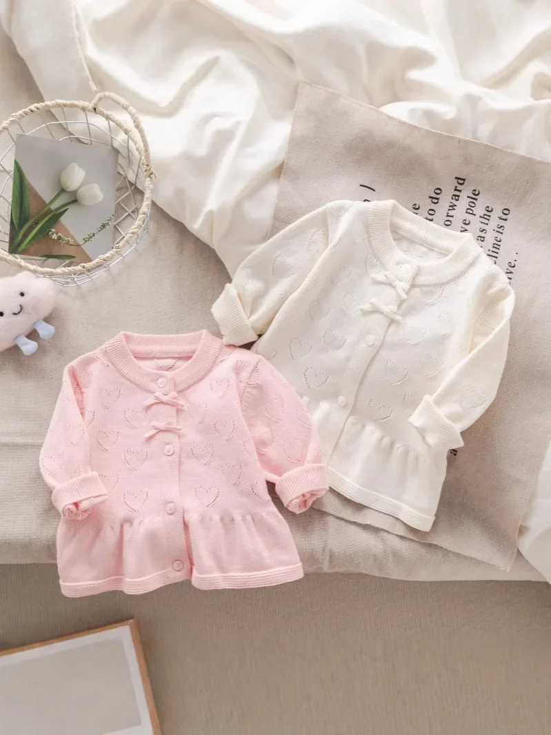 

2025 New Autumn Children Clothes Infant Baby Girl Long Sleeved Solid Color Knitting Cardigan Newborn Baby Girls Dress