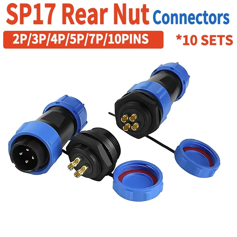 10sets SP17 Rear Nut IP68 2/3/4/5/7/9/10PIN Waterproof Connector Male Plug & Female Socket Panel Mount Wire Cable Connectors