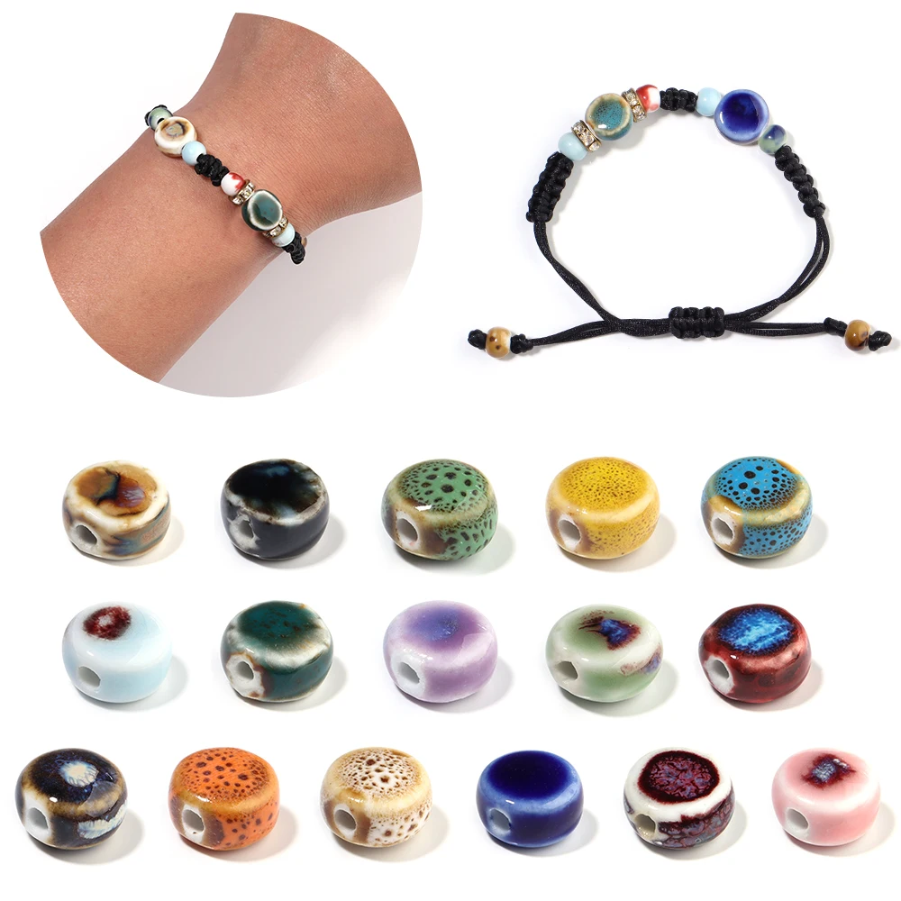 10pcs/lot Flat Round Ceramic Beads Colorful Floral Glaze Beads Porcelain Loose Spacer Bead For DIY Jewelry Making Bracelet