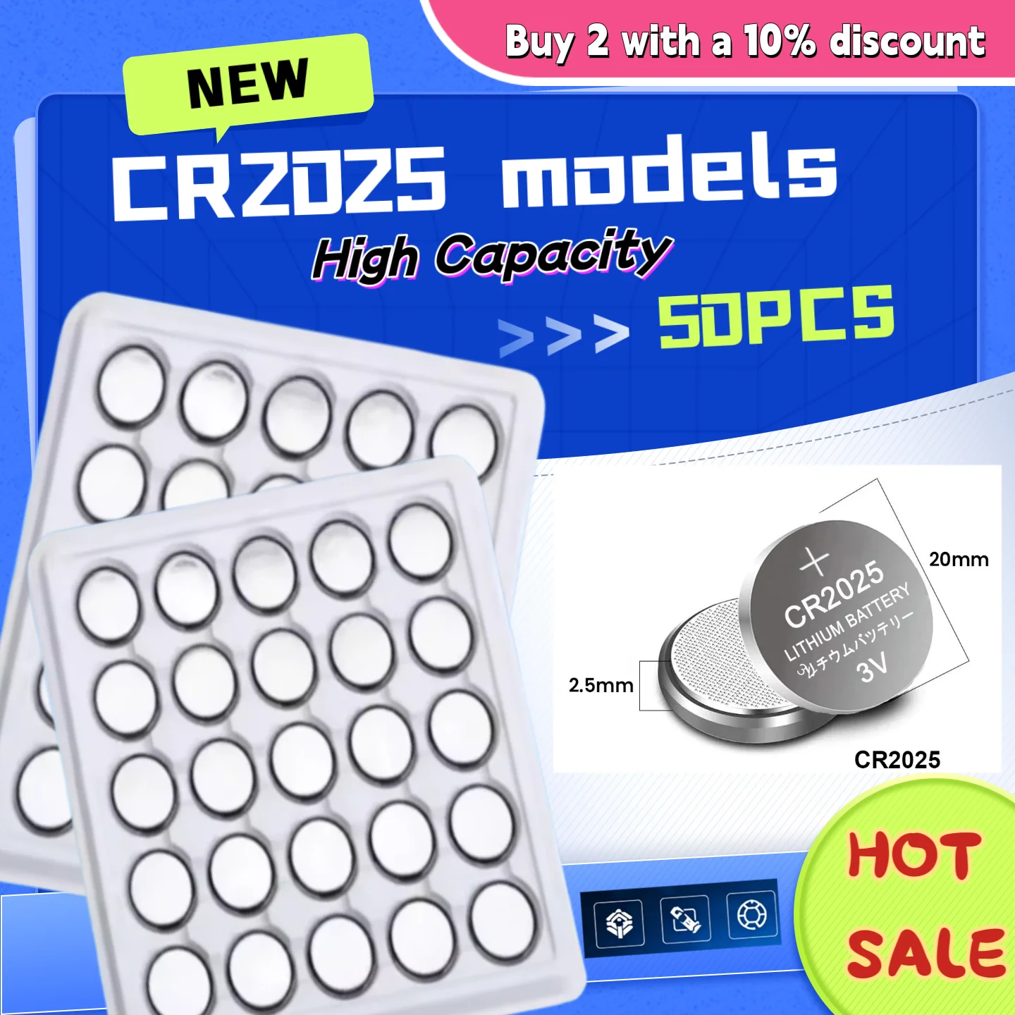 CR2025 3V Lithium Coin Cell Battery 10-200PCS, High Capacity & DL2025 BR2025 Compatible, Long Lasting for Toy, Clock, Calculator