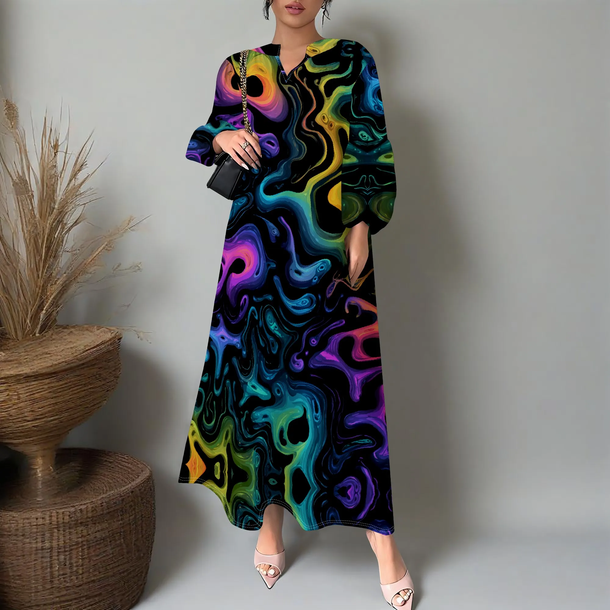 

Colorful Abstract Print Maxi Dress XS-3XL V-Neck Lantern Sleeve Loose Fit for Art Festival, Night Out or Streetwear Look