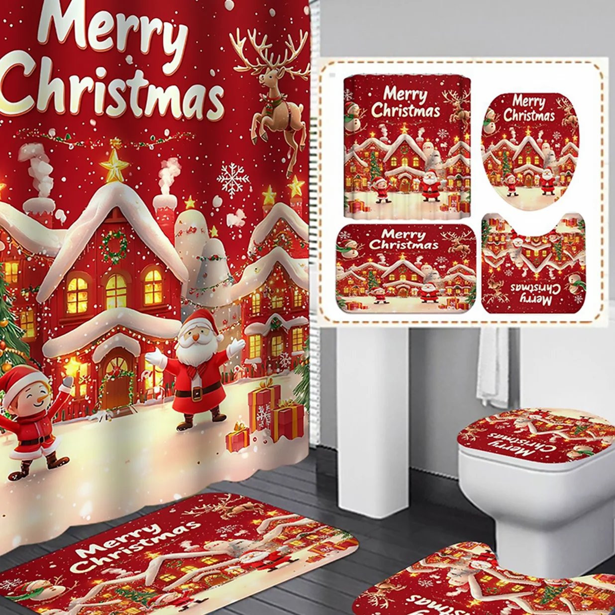 

Bathroom 4PCS Set Christmas Waterproof Shower Curtain with Non-Slip Rug Toilet Lid Cover Bath Mat Santa Claus Snowman Xmas Decor