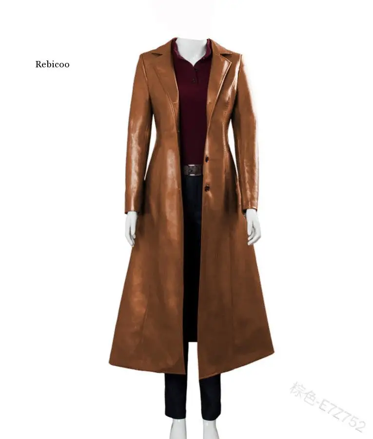 Mulheres de luxo moda medieval steampunk gótico longo couro jaquetas vintage inverno outerwear falso couro trench coat