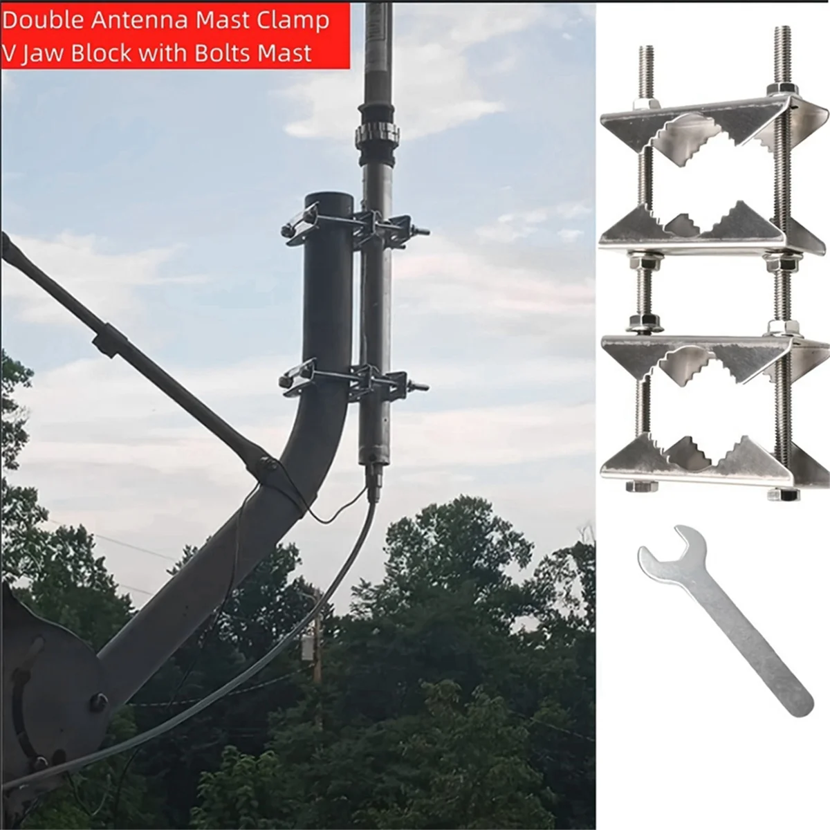 ABJZ Double Antenna Mast Clamp V Jaw Block with Bolts Mast to Mast Clamp,Patio Umbrella Holder Heavy Duty Pole to Pole