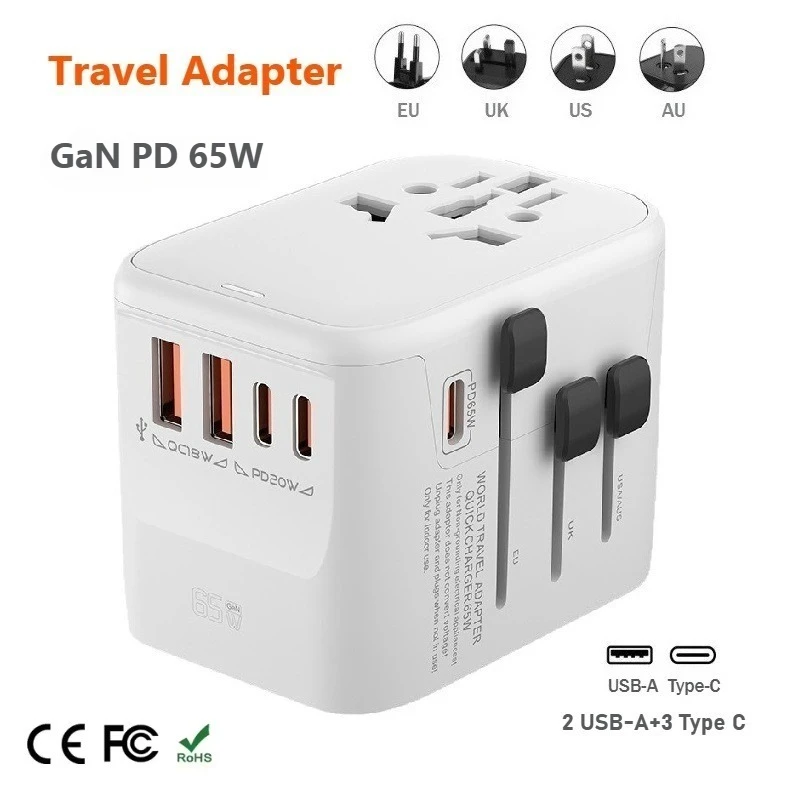 

GaN PD 65W Travel Adapter EU US AU UK GE European Multiple Plug Converter 2 USB Ports 3 Type-C Fast Charging Power Plug Adapter