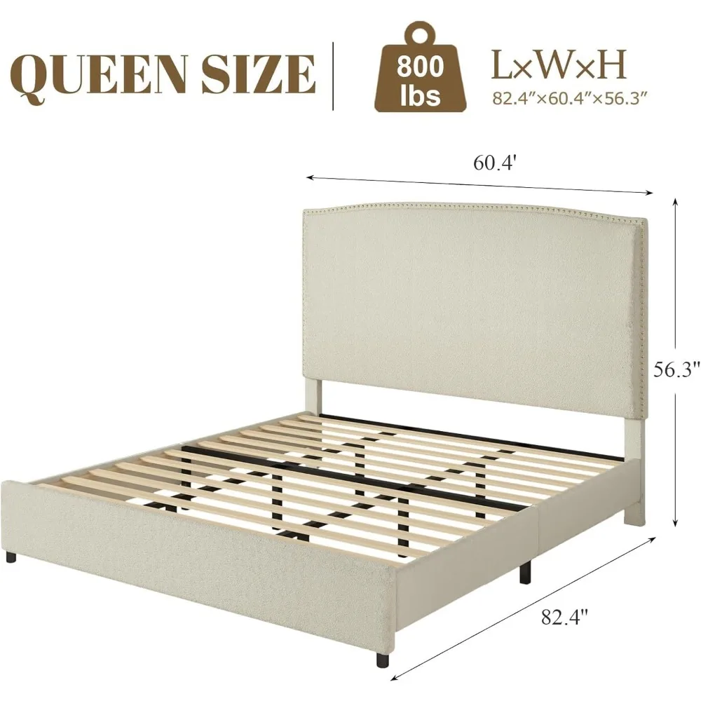 سرير بمنصة منجدة بحجم كوين مع لوح رأسي، 56 حواف رأس أظافر، قماش بوكل ناعم، لا يتطلب صندوق زنبركي #2