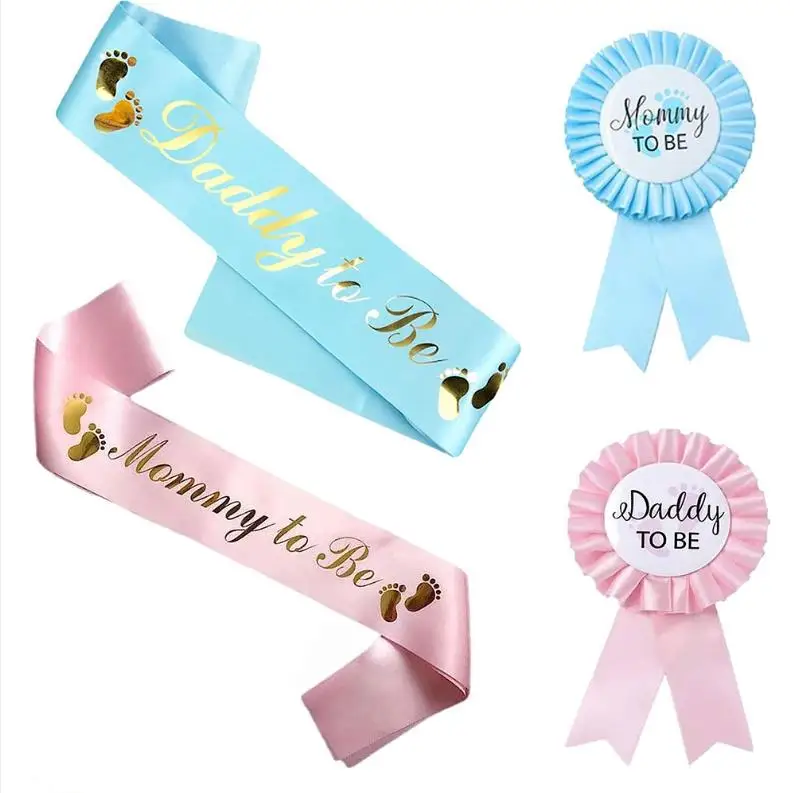 

50set/lot Baby Shower Mommy Daddy To Be Sash Badge Set Gift for Gender Reveal Rose Gold Metallic Foil Text Footprints Blue Pink