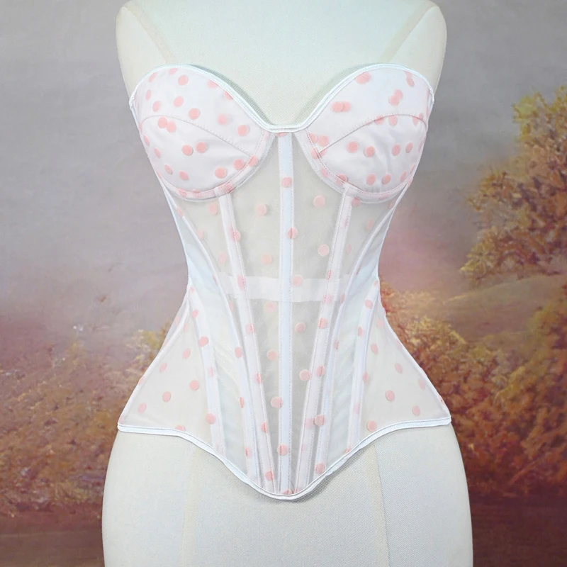 

Sexy Push Up Overbust Corset Tops Mesh Polka Dots Lace Up Corsets and Bustiers Steel Boned Waist Trainer Body Shaper Lingerie