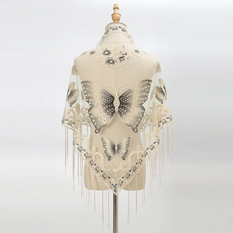 

Кружевной шарф с принтом бабочки, треугольная шаль с кисточками, элегантные женские летние солнцезащитные блестящие шарфы, модные Bufandas Mujer